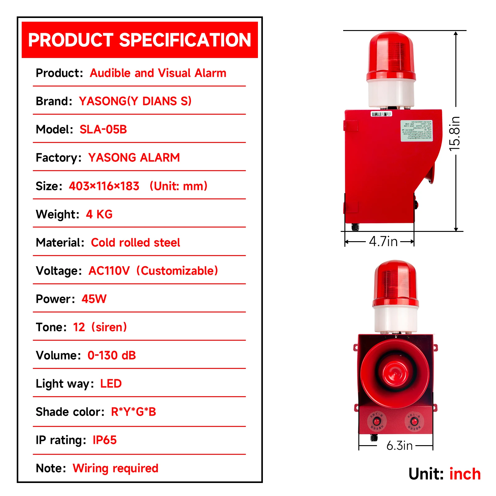 YASONG SLA-05B Industrial Alarm Siren, LED Strobe Warning Light 130dB Horn Power 45W DC24V