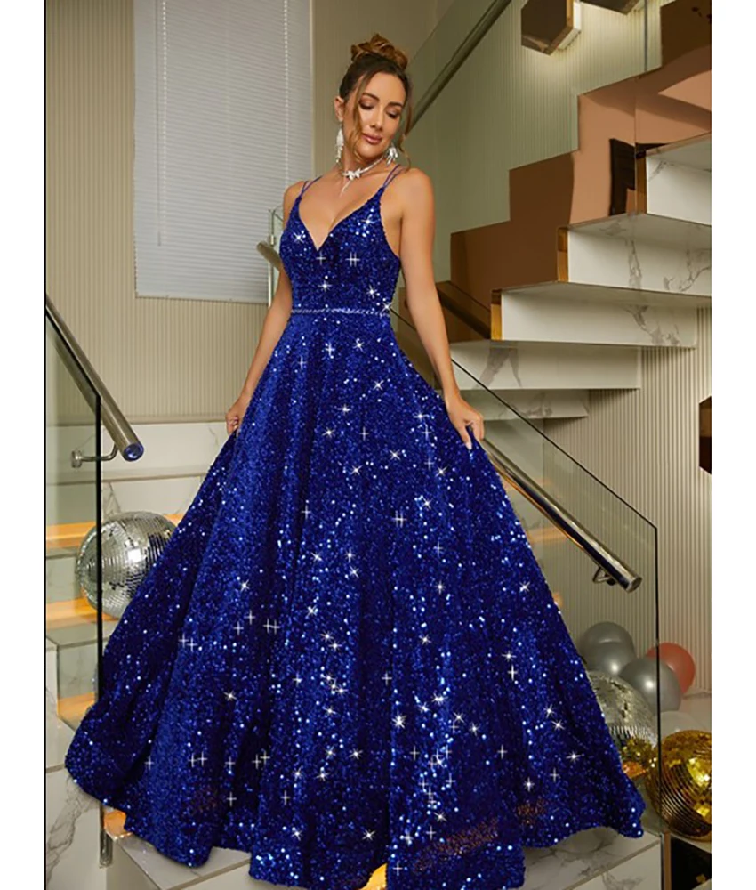 

Customized Fashion Sequined A-Line Spaghetti Straps Evening Dress Sexy Sleeveless Sweetheart Floor Length Celebrity Gowns
