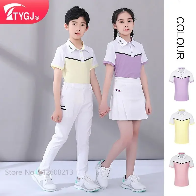 TTYGJ Kid Golf Apparel Students Short-sleeved Golf T-shirt Boy Girl Sports Polo Shirt Children Soft Patchwork Tops College Style