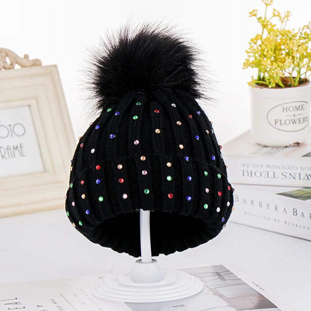 

New Winter Twist Knitting Hat for Baby Kids Girls Diamonds Pom Pom Thick Caps Beanie Solid Color Warm Ski Snow Skullies Beanies