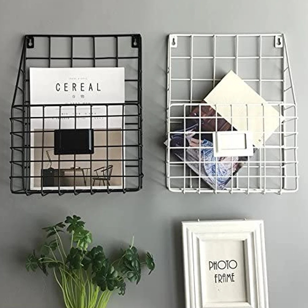 Simple Iron Grid Book Rack Wall-Mounted Lattice Hanging Rack Newspapers AndMagazines File Storage Basket Office Home Furnishings