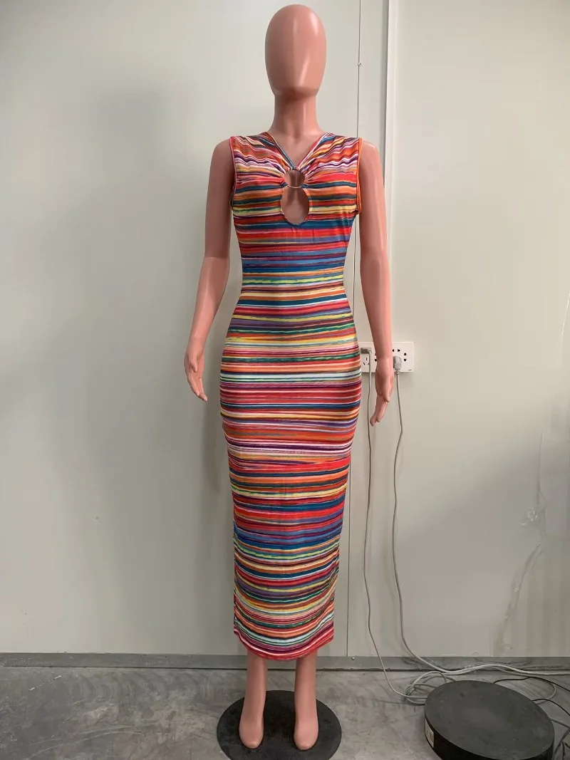 Guwu arco-íris listrado rolo frente emenda com decote em v sem mangas bodycon vestido de verão feminino vestidos de festa sexy vestidos de noite