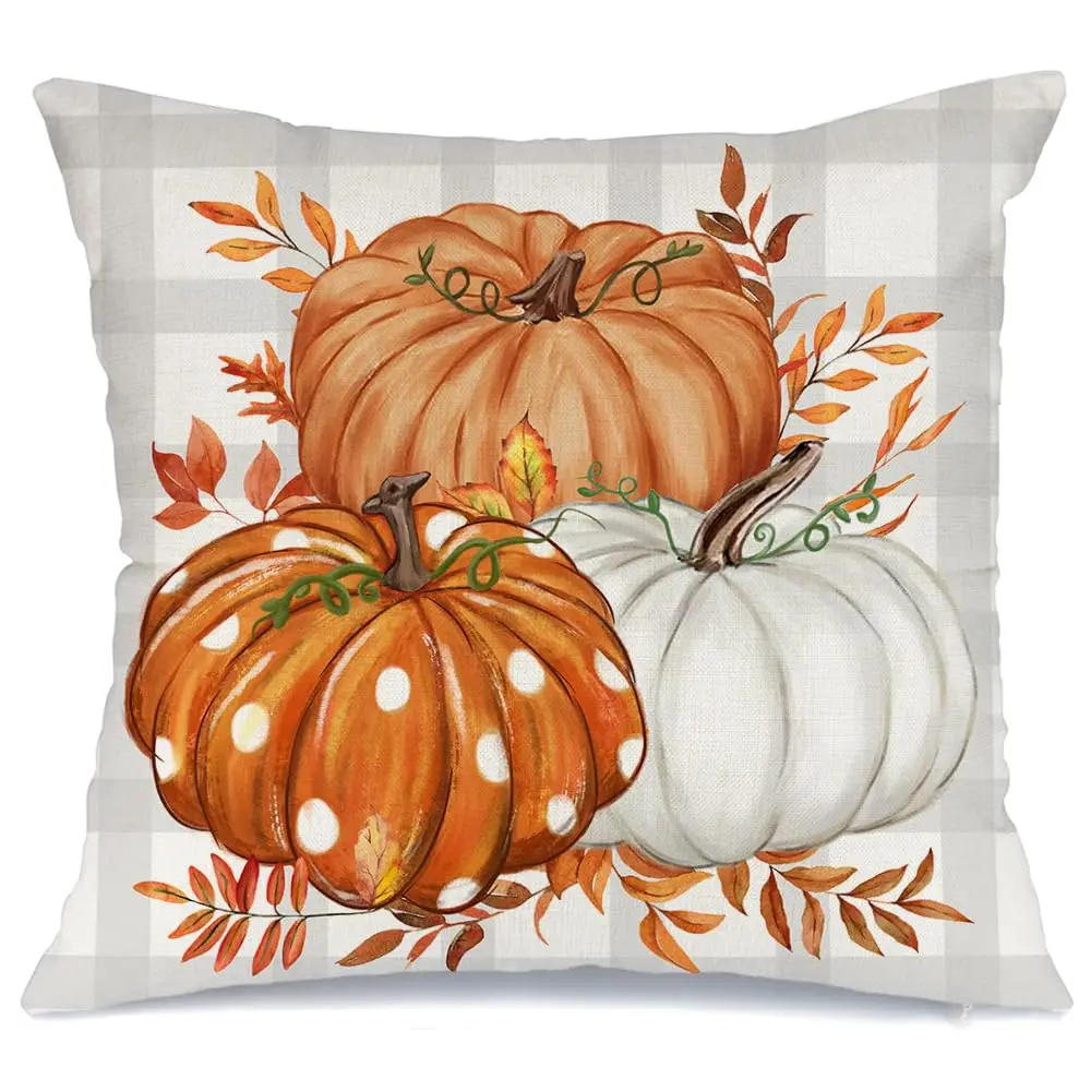 

2 Pack Fall Pillow Cover 18x18 Inch Buffalo Pliad Pumpkin Maple Leaves Decor Autumn Thanksgiving Farmhouse Case for Sofa Couch