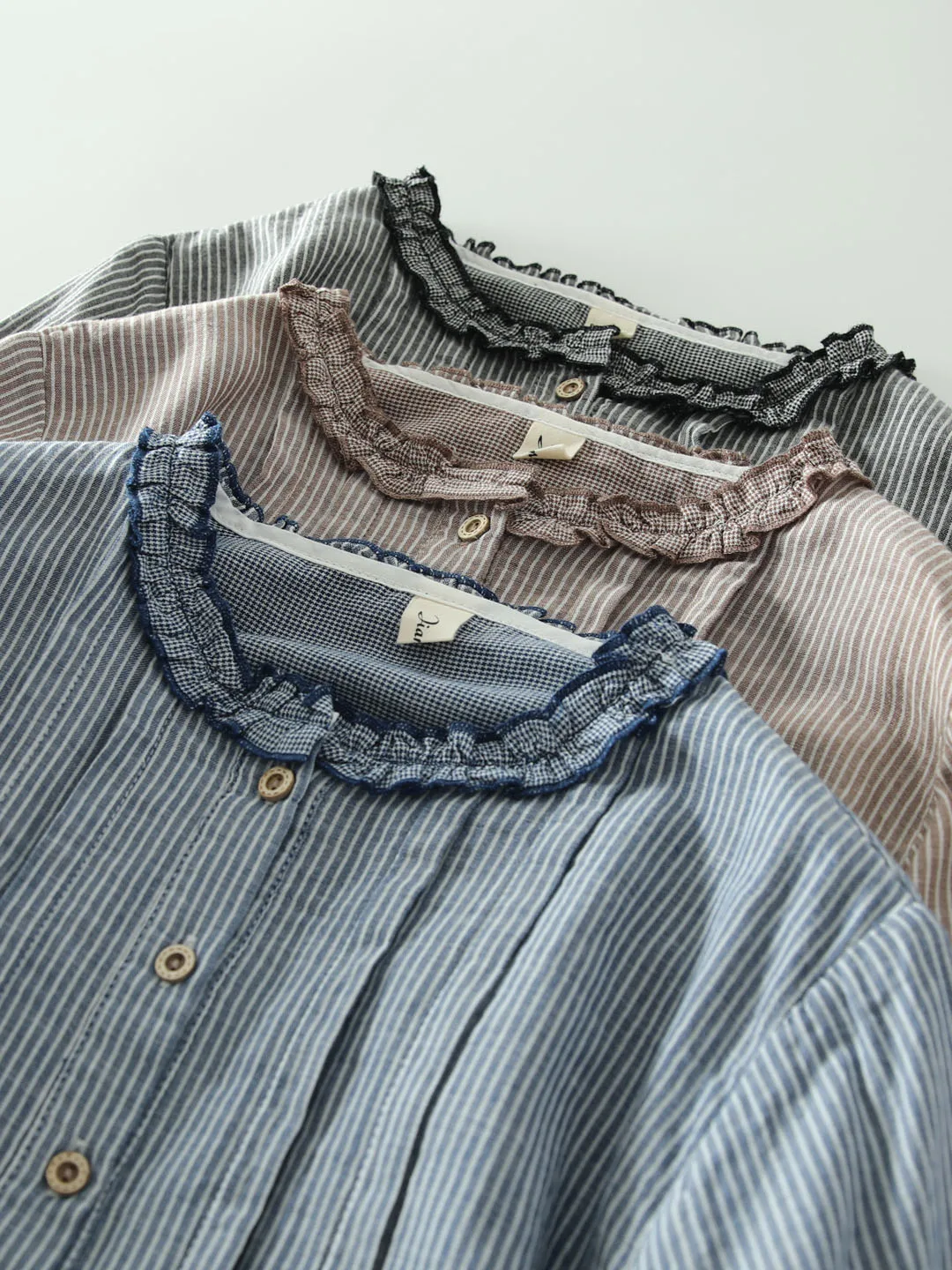 

Spring Autumn Pure Cotton Double Layer Long Sleeve Shirt Women Loose Floral Collar Overhead Striped Pattern Sweet Style