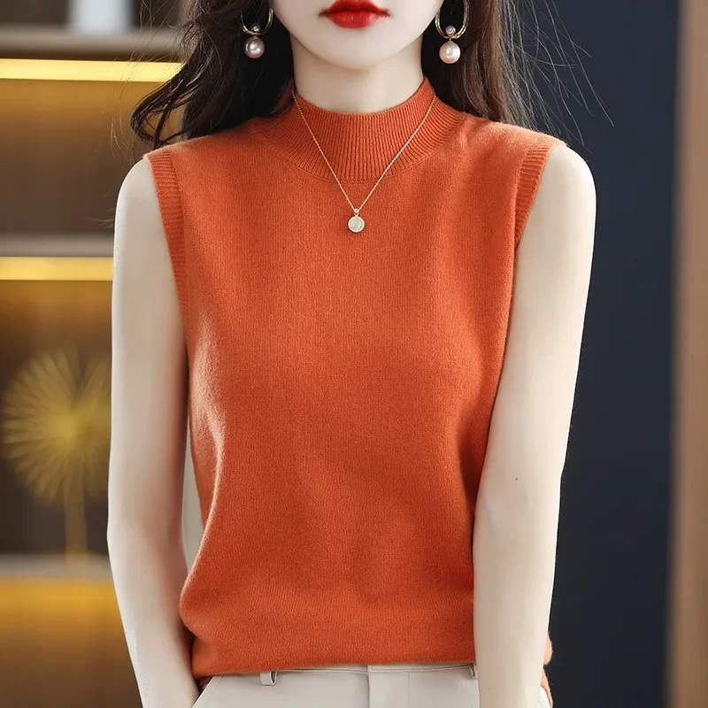 Women Sweater Casual Warm Spring Autumn Bottoming Shirts Mock Neck Basic Knitwear Sleeveless Pullovers Korean Fashion Jumper