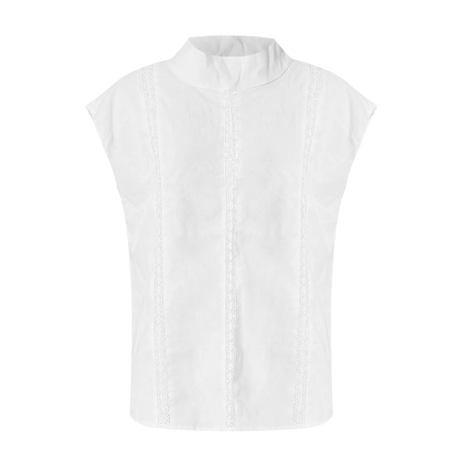 Summer Fashion Cotton Linen Women Blouses Casual Lightweight White Hollow Out Lace Slim Short Sleeve Shirt Female Top Vest