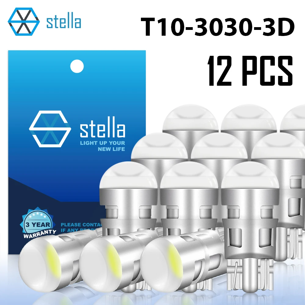 

Stella 12 шт. Автомобильный T10 светодиодный светильник с линзой 12 В 3D блестящая лампа Внутренние сигнальные лампы для чтения с большим чипом Резервные фонари заднего хода