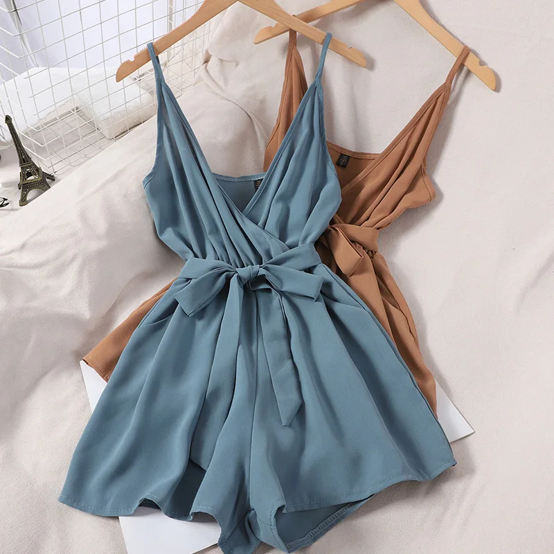 

Korean Waist Lace-up Camisole Jumpsuit Fashionable V-neck Solid Color Loose Wide Leg Shorts Onesie Female Beach Vacation Clothes