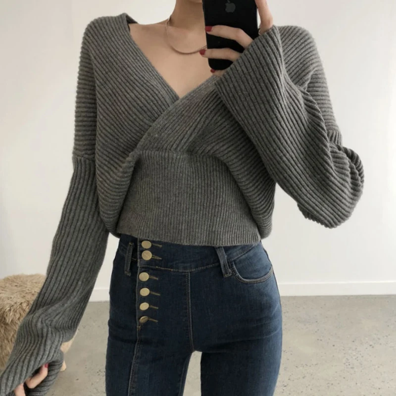 Chic Herbst Winter Retro Sle frauen Gestrickte Pullover Tiefem V-Ne Kreuz Lange Sve ort Länge Faionable Und Sexy