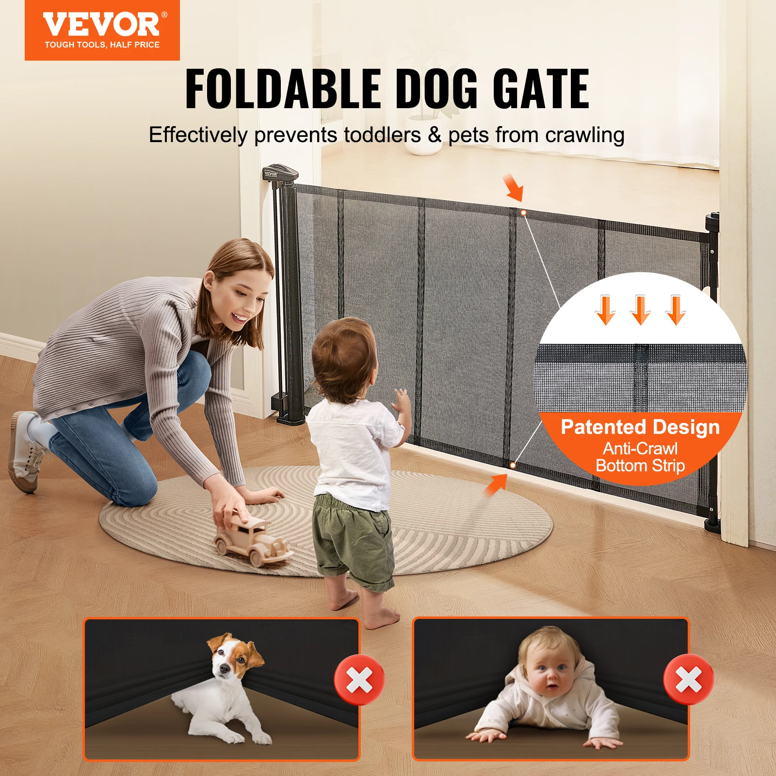 VEVOR Retractable Baby Gate Tall Mesh Baby Gate Extends up to  Wide Retractable Gate for Kids or Pets Retractable Dog Gates