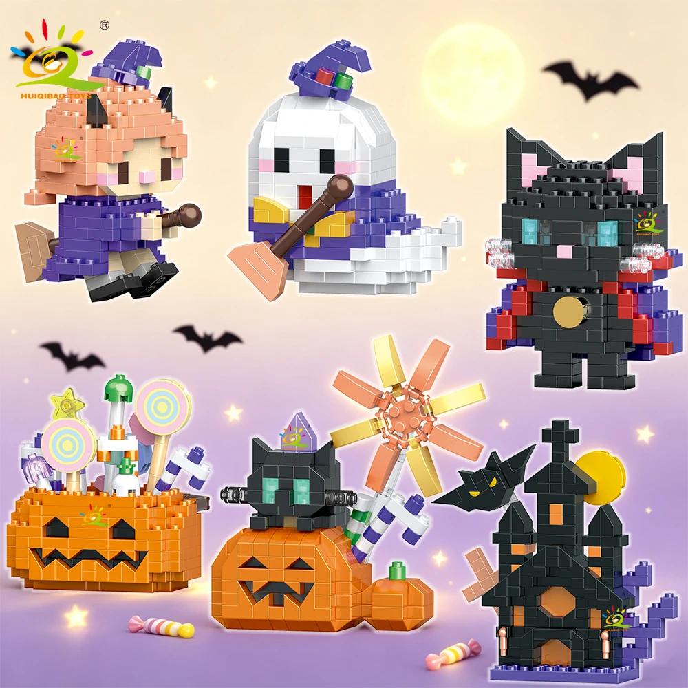 HUIQIBAO 2026 Halloween Mini-Kürbis Schwarze Katze Bausteine Hexen-Set Geburtstagsdekoration Feiertagsgeschenk Spielzeug für Erwachsene – Detail 4