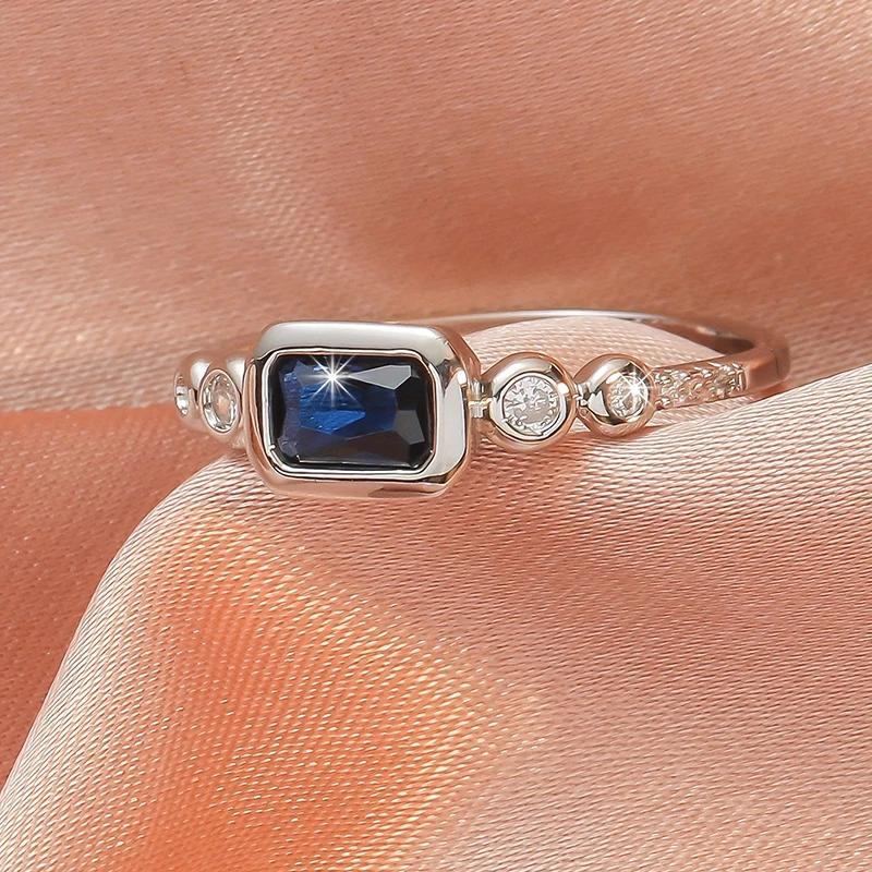 Huitan Edle Rechteckige Blaue Zirkonia-Ringe für Frauen Silberfarben Hochzeit Jubiläum Party Einfacher Eleganter Damenschmuck – Detail 5