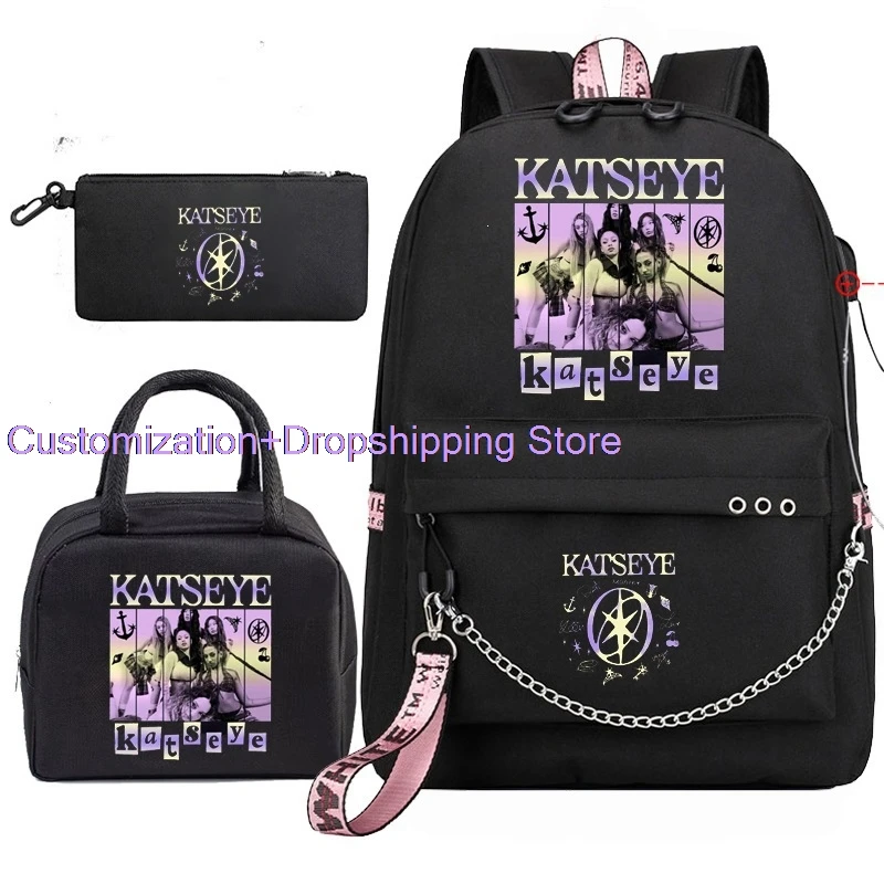 Men Women Fashion Computer Backpack Lunch Bags Pencil Case 3pcs Set Kpop Group KATSEYE Backpack Large Capacity Student Schoolbag