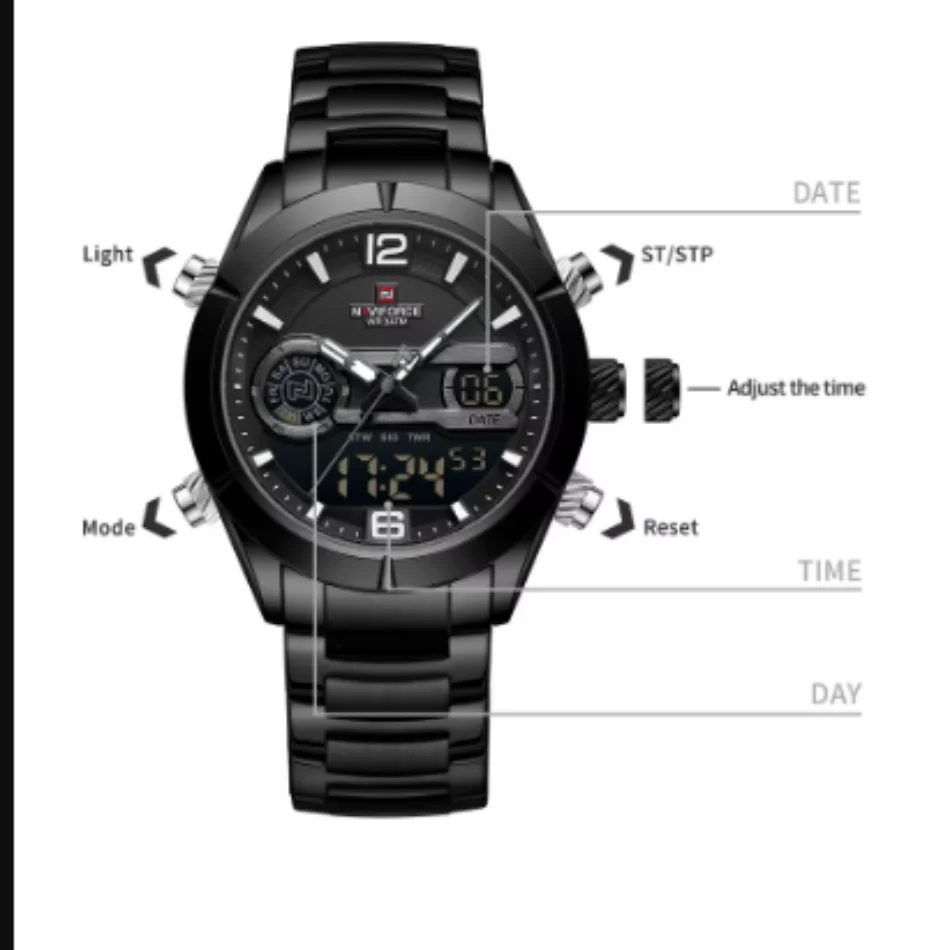 NAVIFORCE Trend Casual LCD Display Man‘s Wristwatch Analog Digital Quartz Watches for Men Steel Band Day Date Display Male Clock