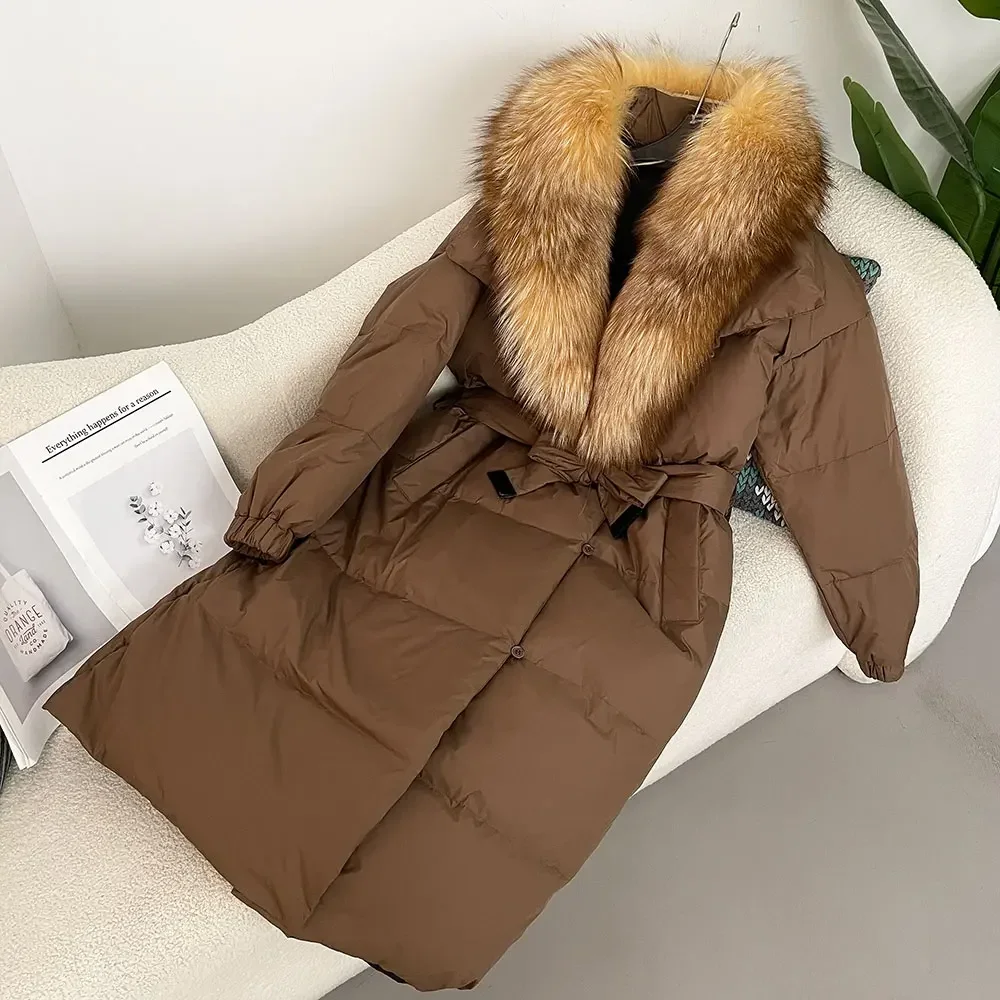 Natural Real Fox Raccoon Fur Collar Coat Thick Warm Belt Casual Outerwear 2024 Fur Jacket Winter Women White Duck Down Coat