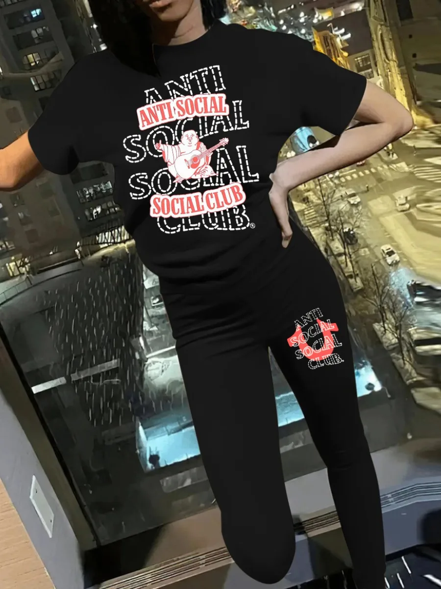 LW Skull Head Letter Print Pants Set short sleeve T-shirt + skinny pants sets Autumn NEW casual women's tracksuit matching suit