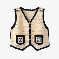 Granny Square Crochet Vest Top Women Sheer Openwork Button Front Sleeveless Waistcoat Teengirl Summer Boho Vacation Beach Outfit