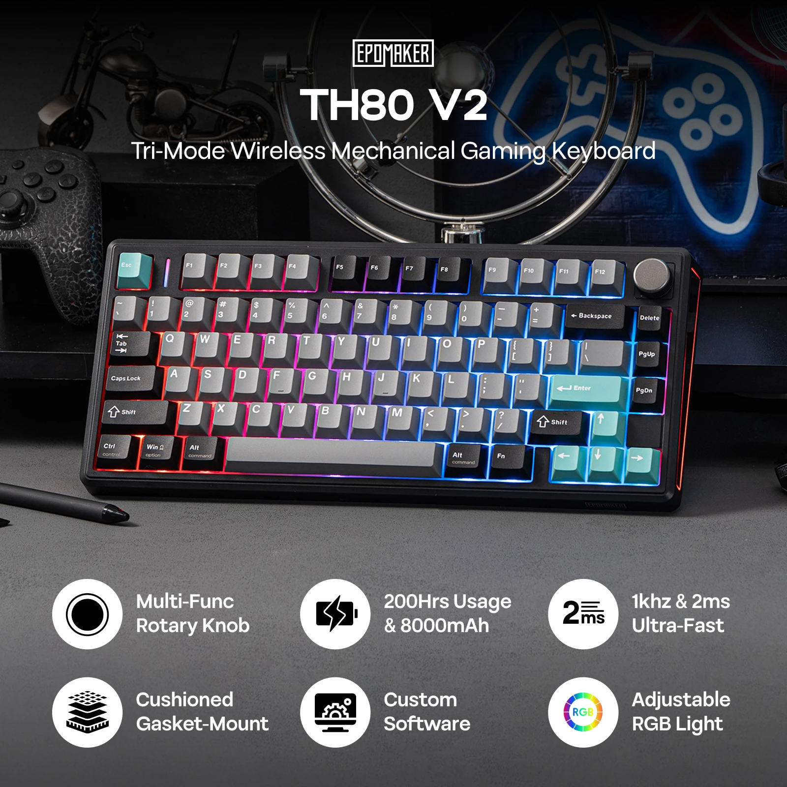 EPOMAKER TH80 V2 75% ANSI US 레이아웃 유선/블루투스/2.4Ghz 무선 기계식 게이밍 키보드 (프로그래밍 가능한 키 및 노브 포함)
