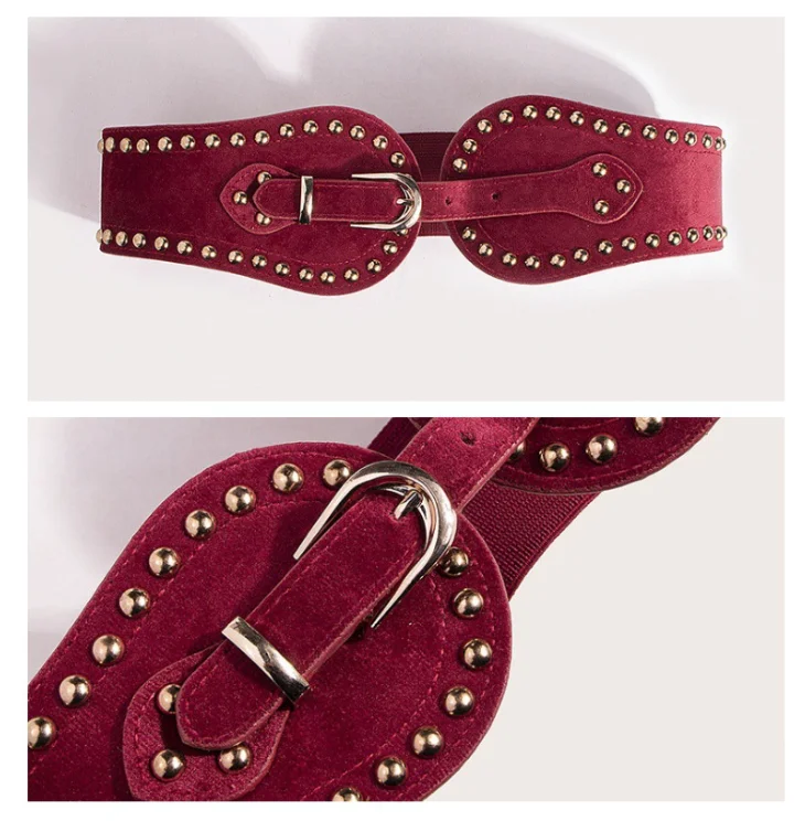 Ladies Fashionable Suede Belt with Rhinestone Elastic Wide Waistband Adjustable Western Style Stretch Belt for Women