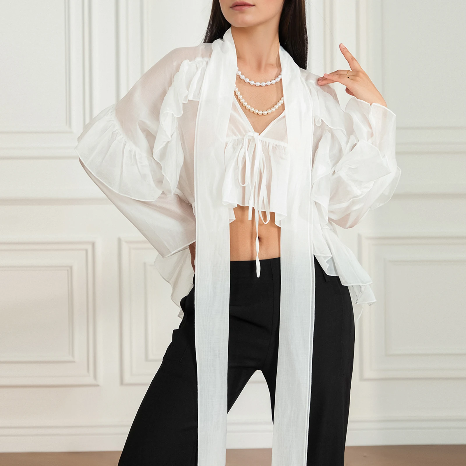 

2025 Women's White Ruffle Shirt Elegant See Through V Neck Blouse with Bow Collar Ribbon Detail Long Sleeve Loose Tencel Top