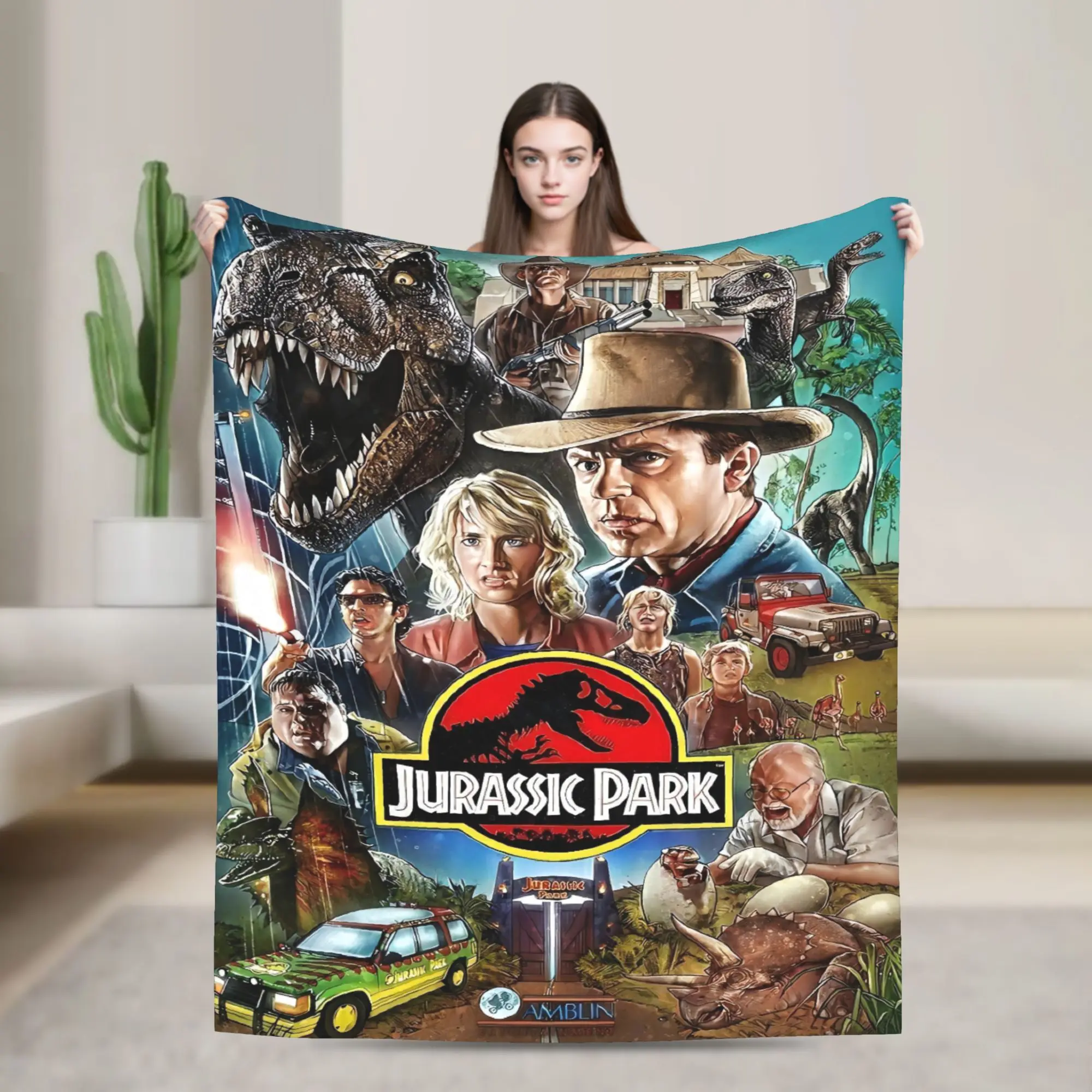 Mantas de película de dinosaurios de Parque Jurásico, manta de felpa con gráfico cálido para sofá cama, colcha de franela para acampar, funda de cama