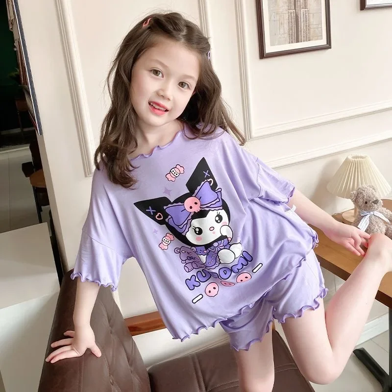 

Sanrio hello kitty Summer Ice Silk Baby Home Clothes kuromi Children Pajama Girl sleepwear Short Sleeve T-Shirt Shorts Set