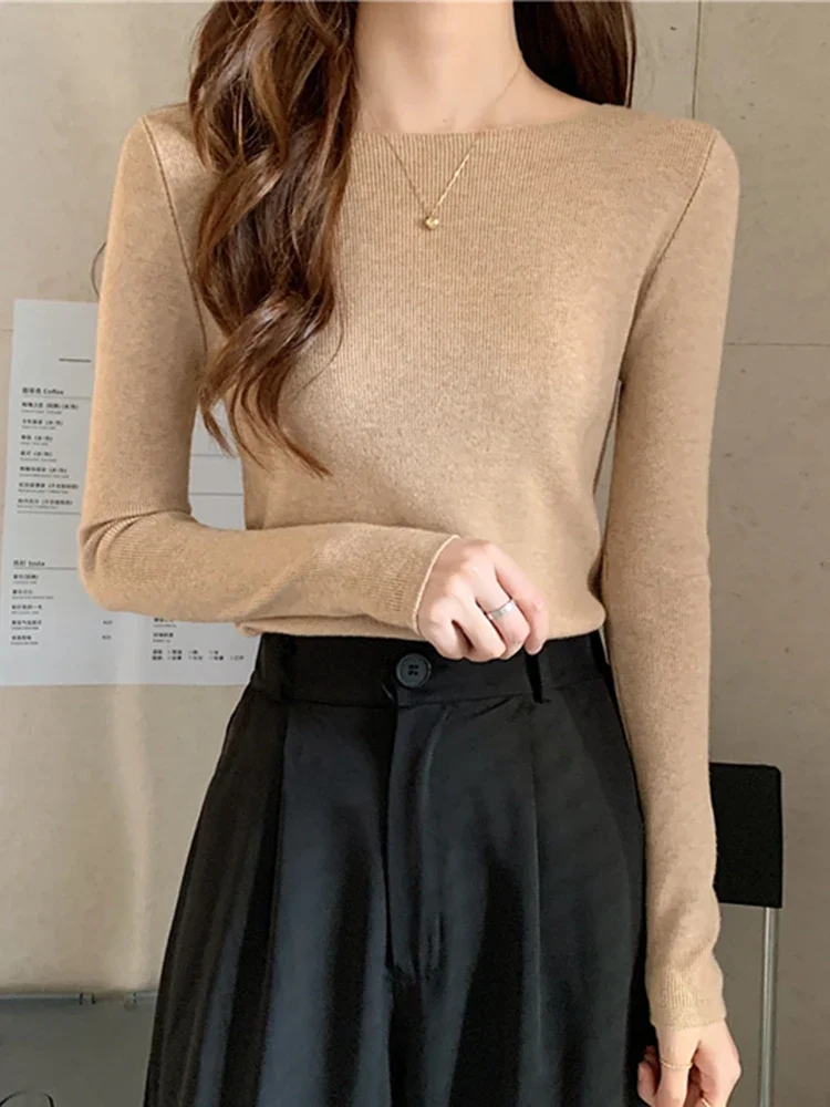 Autumn Winter Women Sweaters Slash Neck Slim Knitted Pullovers chic Basic Solid Jumper Female Sweater Casual Jersey Tops