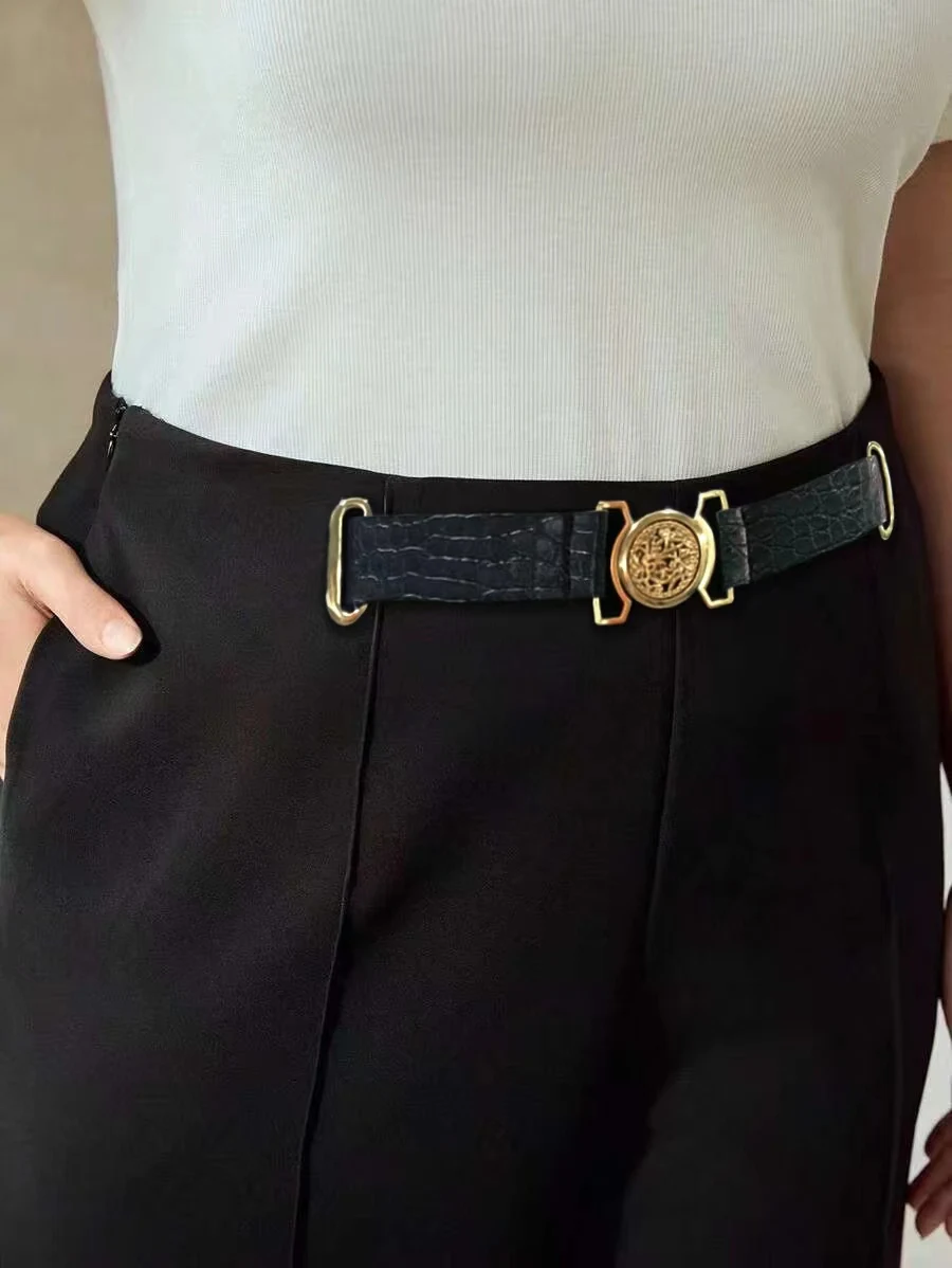 Plus-Size High-End Wide-Leg Suit Pants with Diagonal Pockets, Belt, and Front Seam Detailing