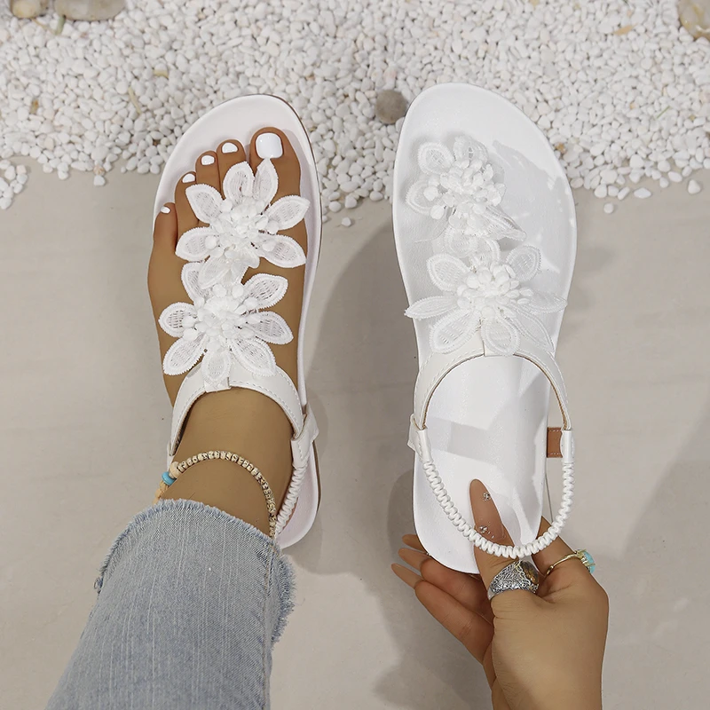 Woman Floral Sandals Lightweight Fashion Shoes Clip Toe Flat Summer Sandals Casual Bohemia Flowers Slip on Beach Shoes Women