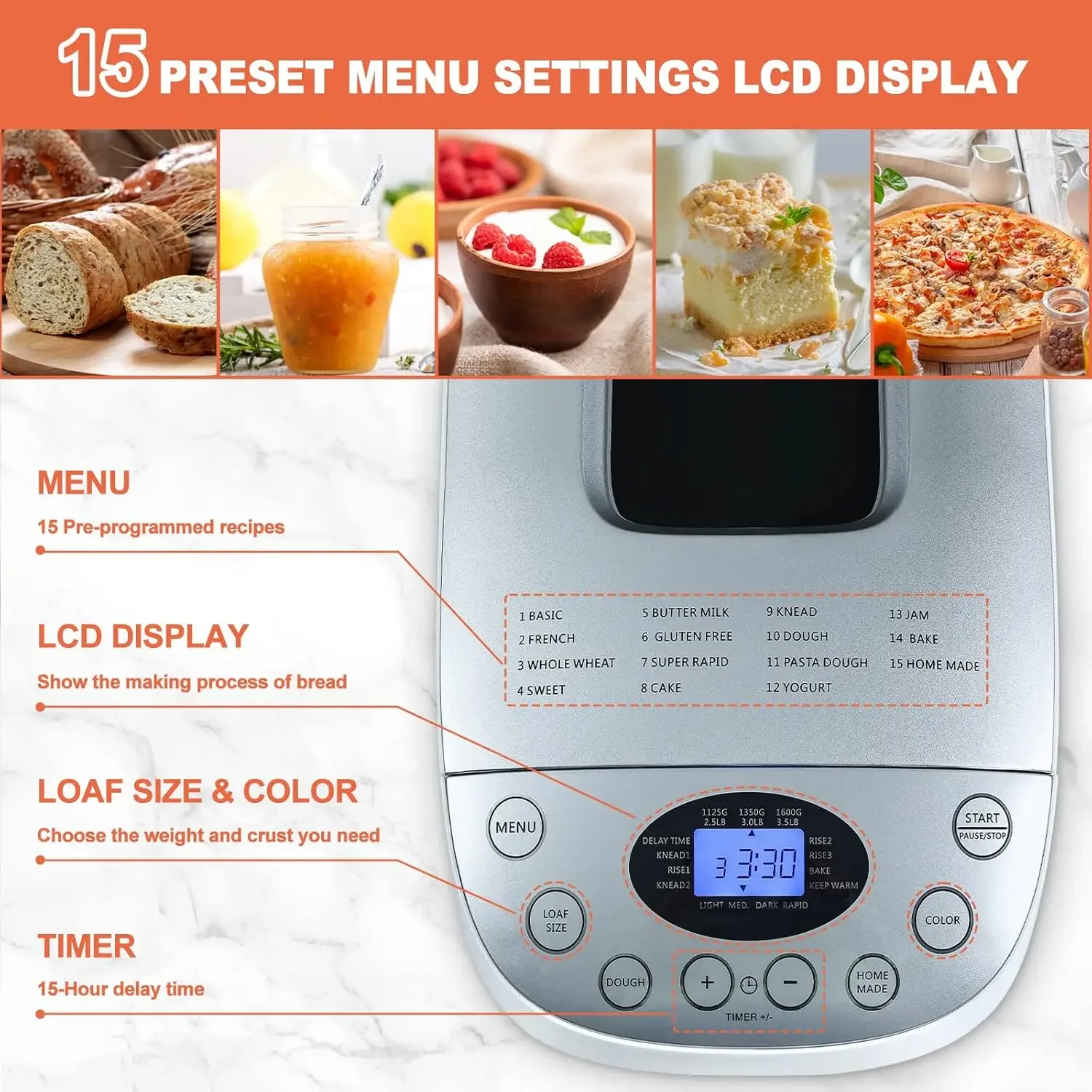 Maker Machine 15-in-1 Automatic Bread Machine with Dual Kneading Paddles Breadmaker with Touch Panel&LCD Display,Gluten Free Set