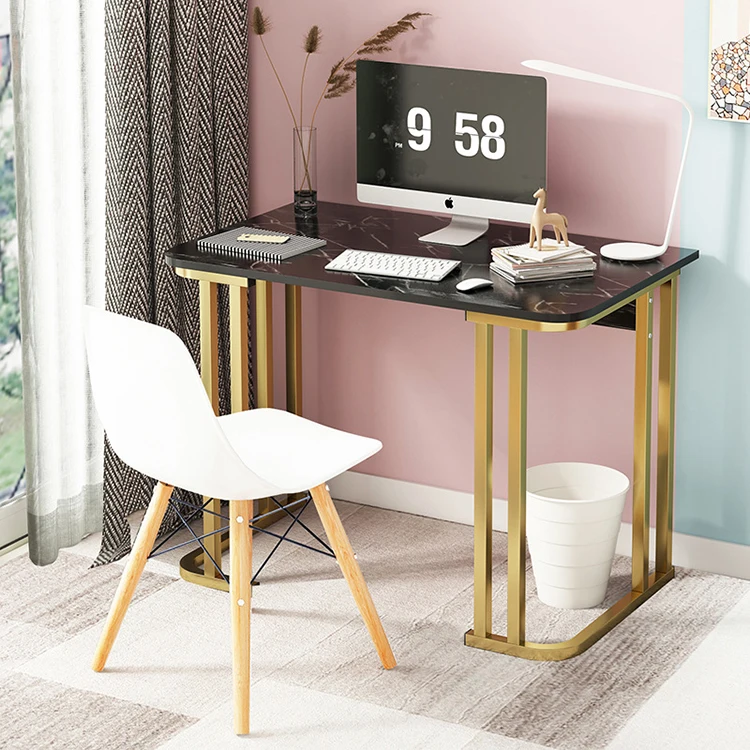 

！@Simple Computer Desk Nordic Family Dormitory Small Table Marble Table Top Steel Frame Legs Computer Desk