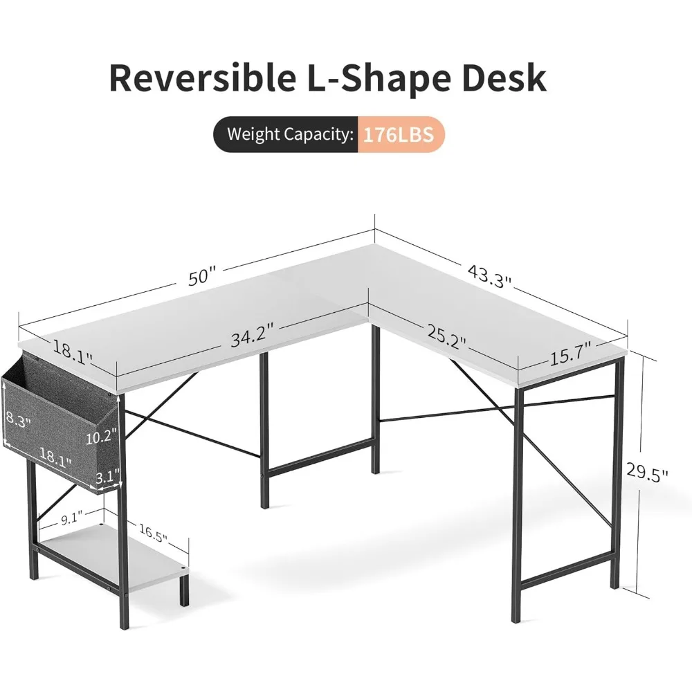 L Shaped Desk Gaming Computer 50 Inch Reversible Corner Table PC Work Table for Writing Study Small Place Office Desks