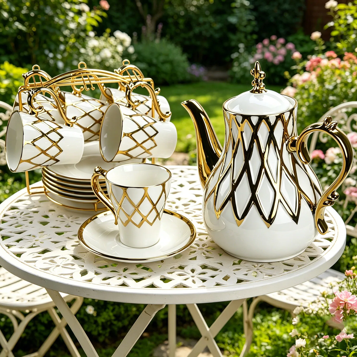 13Pcs Luxury White Gold Strip Porcelain Tea Coffee Set, European Golden Trim Teapot & 6 Cups Saucers, Elegant Ceramic Tableware for Home Afternoon Tea Wedding Gift