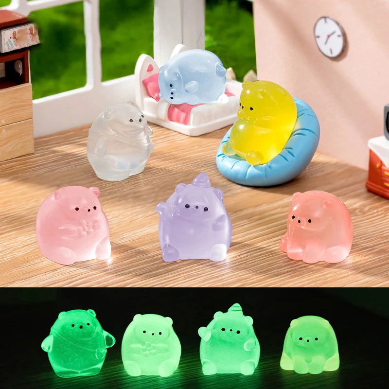 Mini Luminous Bear Figurine Cartoon Animals Micro Landscape Dollhouse Model Car Interior Ornament Home Desktop Decoration