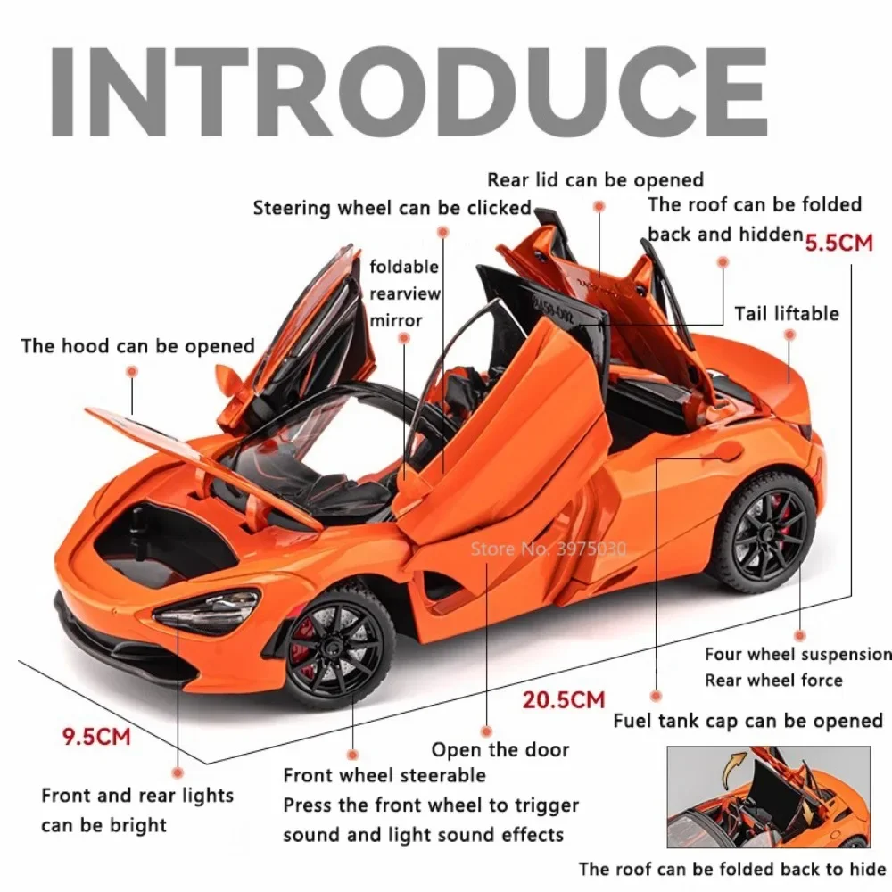 1/24 Scale McLaren 720s Super Sportcar Alloy Diecast Simulation Model Car With Sound And Light Pull Back Toys For Children Gifts