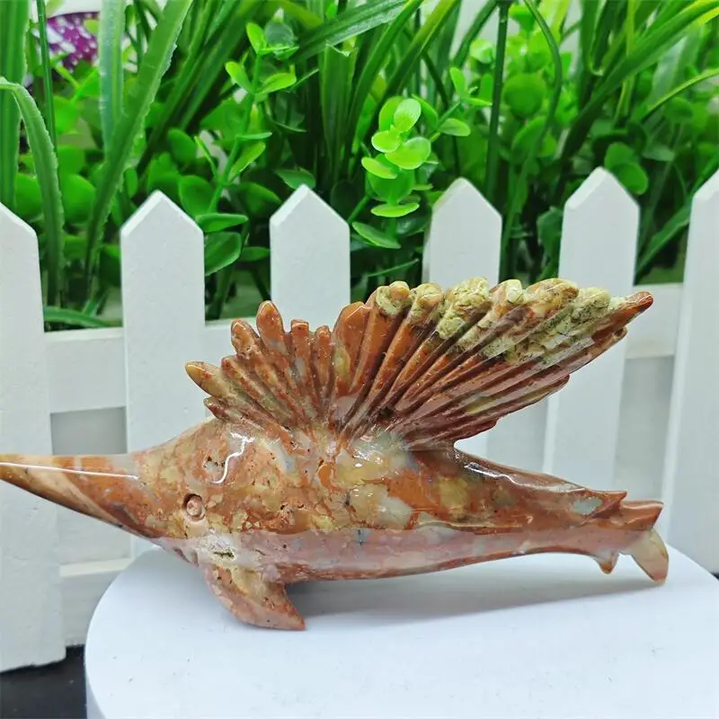 Natural Ocean Jasper Sailfish Carving Statue Crafts Animal Polished Healing Figurine Home Ornament Gift 1PCS
