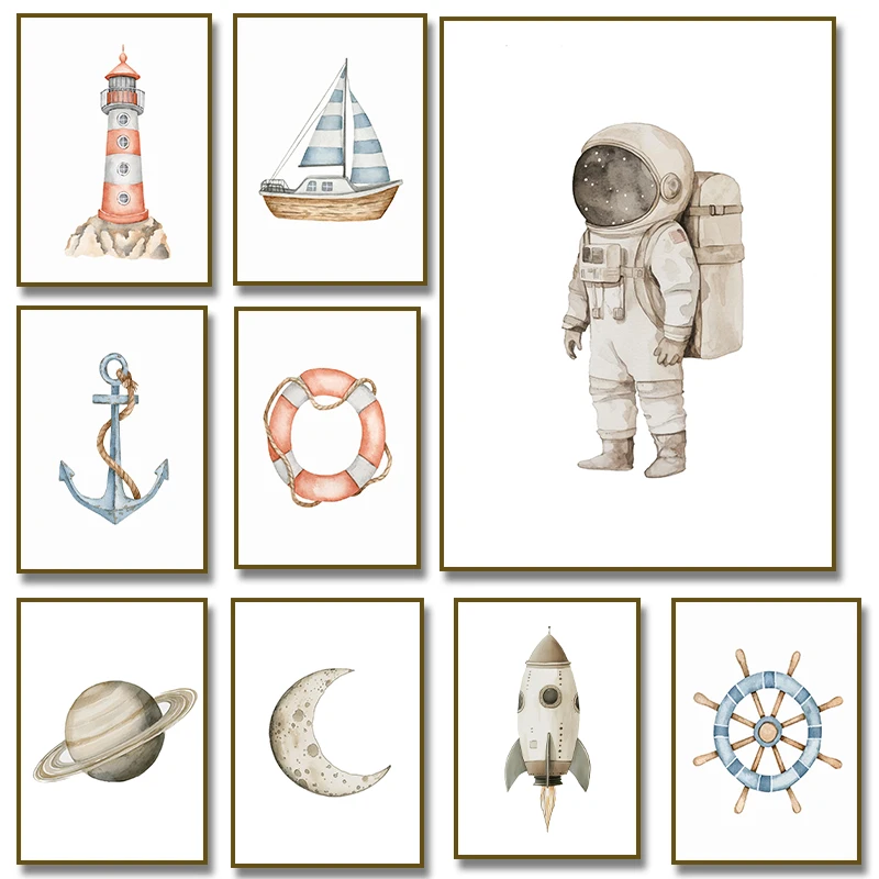 1pc frameless Canvas Painting Sailboat Lighthouse Anchor Astronaut Moon Earth Posters and Prints Canvas Painting Nordic Wall Art