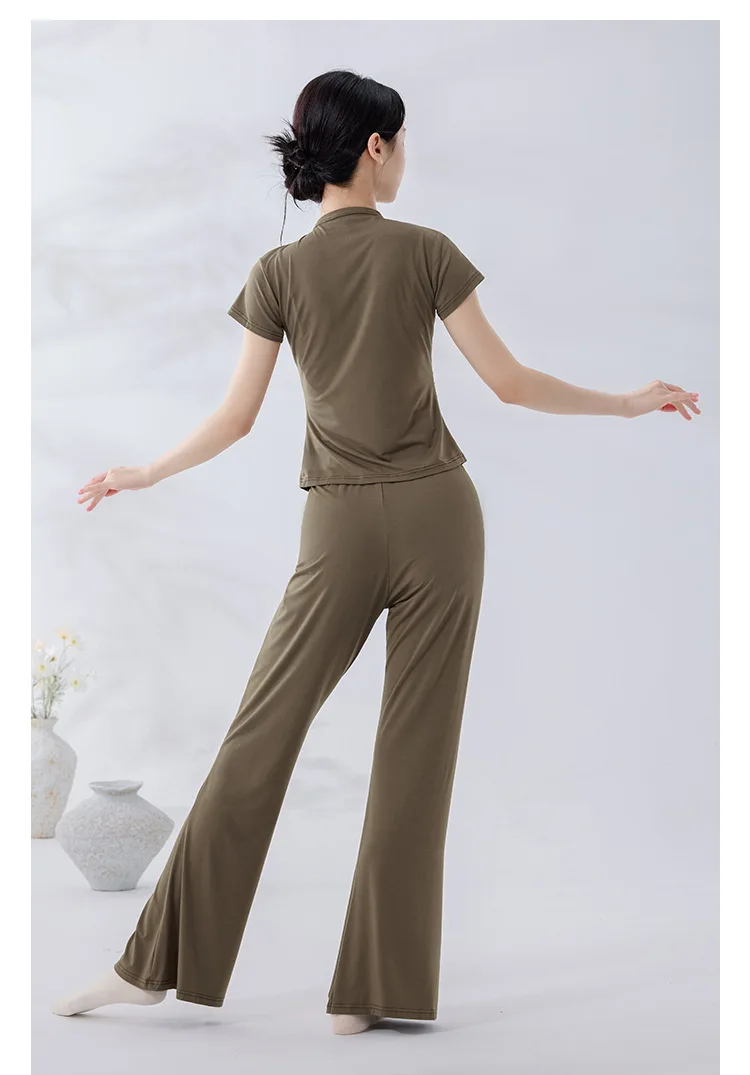 Women Half High Neck Dance Outfit Set Short Sleeve Top & Micro Flare Pants Latin Chinese Classical Dance Yoga Pilates Costume