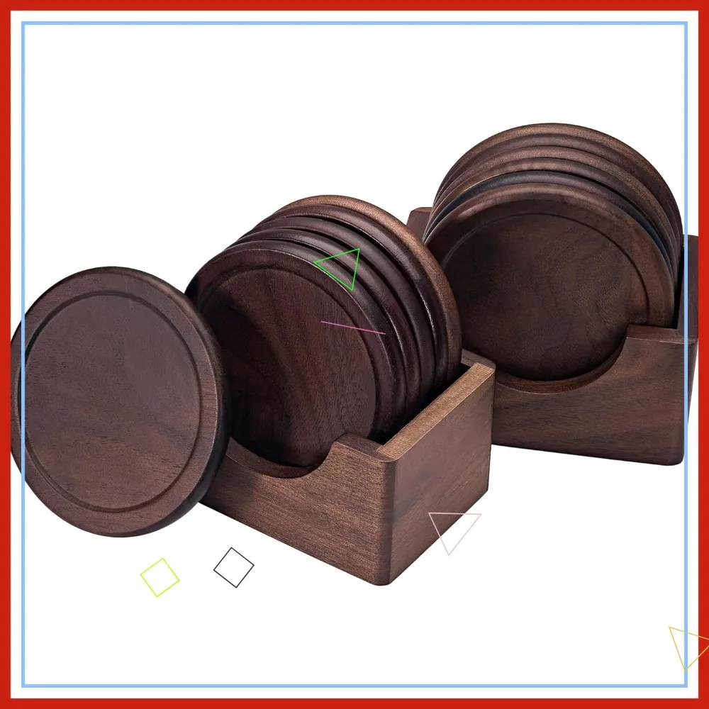 

Natural Walnut Wood Coasters Set of 12, Heat-Resistant Table Protectors for Dining & Office Decor with Holder