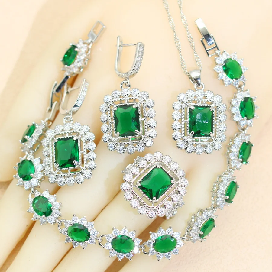 925 Silver Bridal Jewelry Sets For Women Green Zirconia Earrings Necklace Pendant Bracelet Open Ring Christmas Gift 4PCS