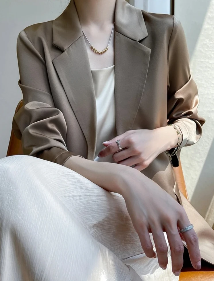 여성 블레이저 봄 여름 신상 패션 한국 실크 새틴 탑 재킷 싱글 버튼 수트 블레이저 아우터웨어