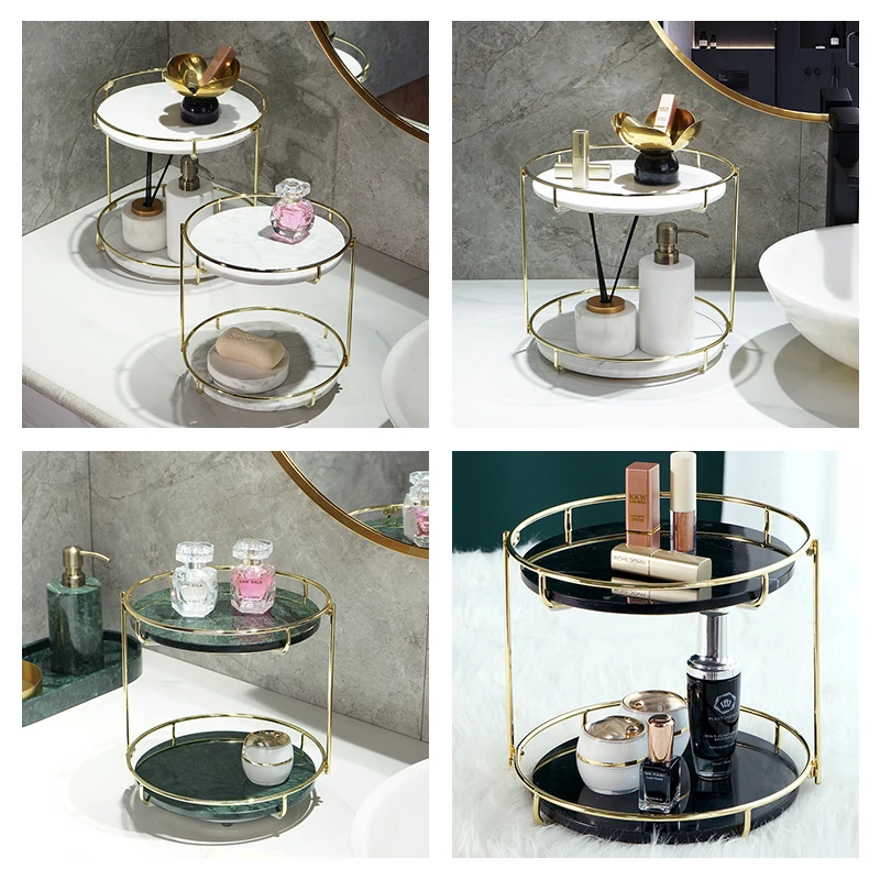 Luxury Natural Marble Double Layer Storage Rack Golden Stainless Steel Desktop Washbasin Cosmetic Shelf Bathroom Accessories