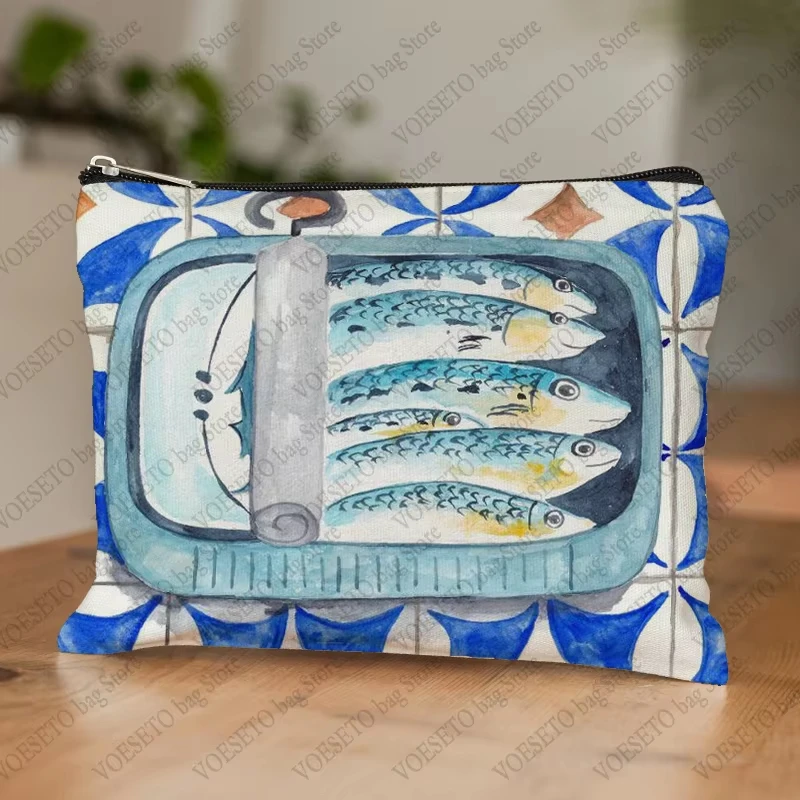 Vintage Sardines Pattern Makeup Bag With Zipper Lightweight Travel Cosmetic Organizer For Women Durable Storage Bag Change Purse