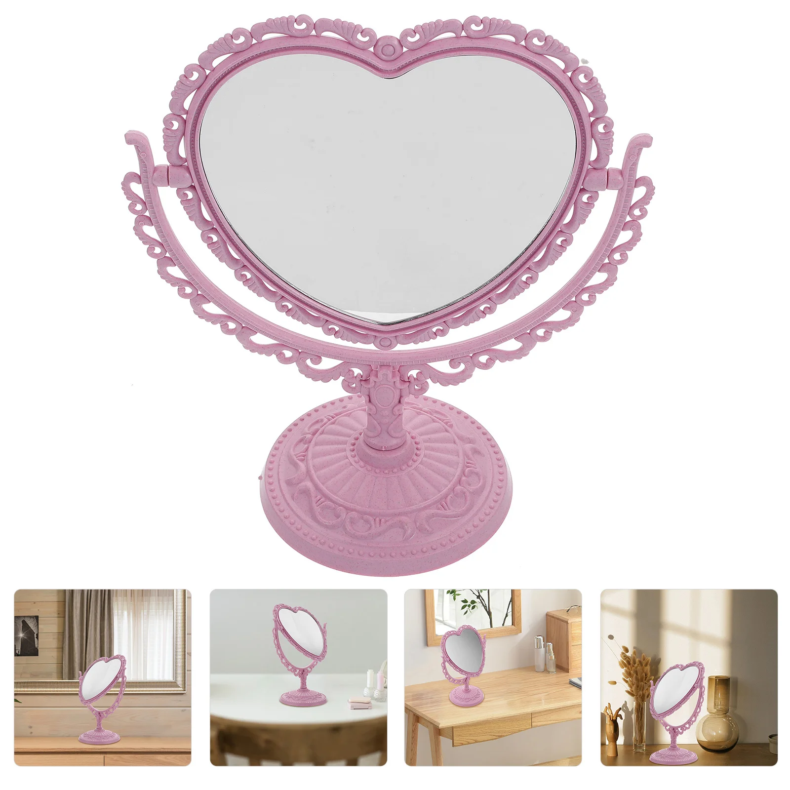

Vintage Heart Shaped Desktop Makeup Mirror Rotatable Double Sided Clear Surface Mirror for Home Vanity