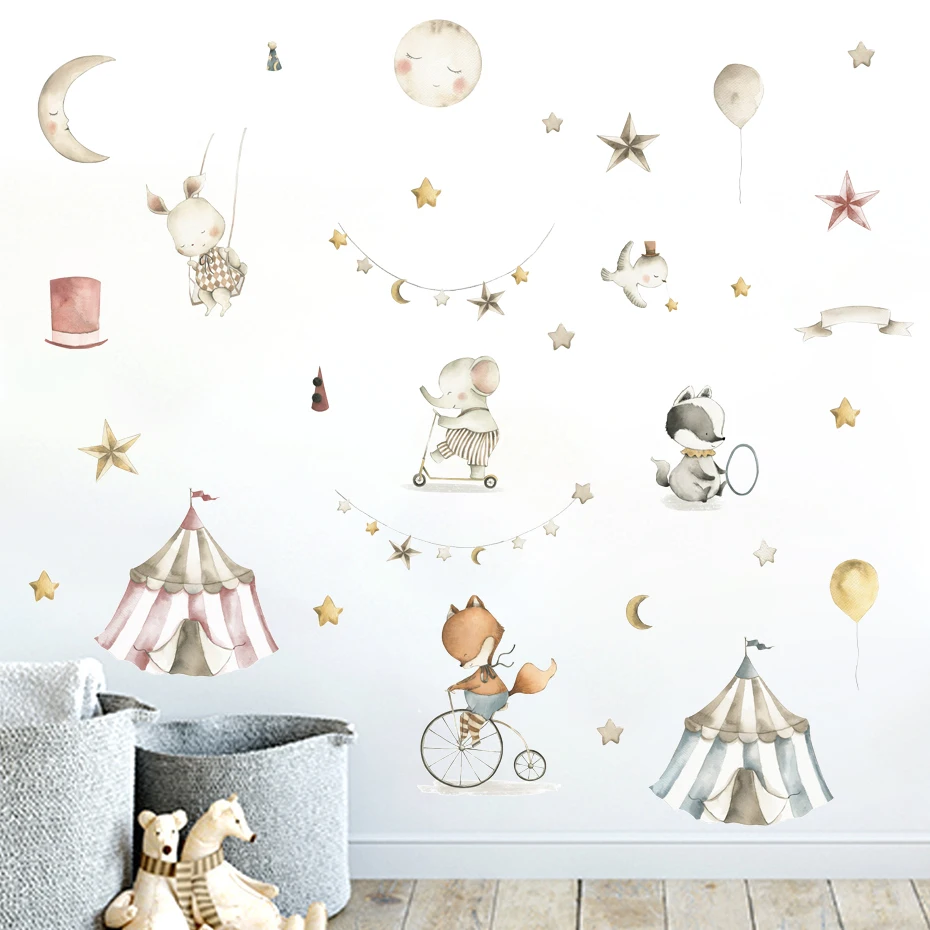 

Cartoon Cute Circus Animals Star Moon Watercolor Vinyl Wall Sticker Removable Decals Kids Nursery Baby Girls Room Home Decor