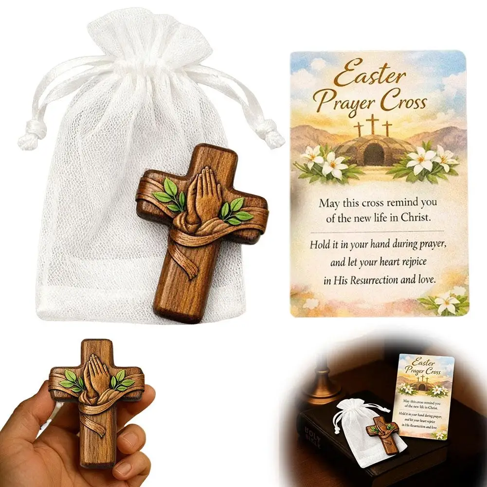 Small Pocket Prayer Cross with Card, Portable Wooden Prayer Cross Pocket Card with Bag for Easter Christmas Token, Church Favors