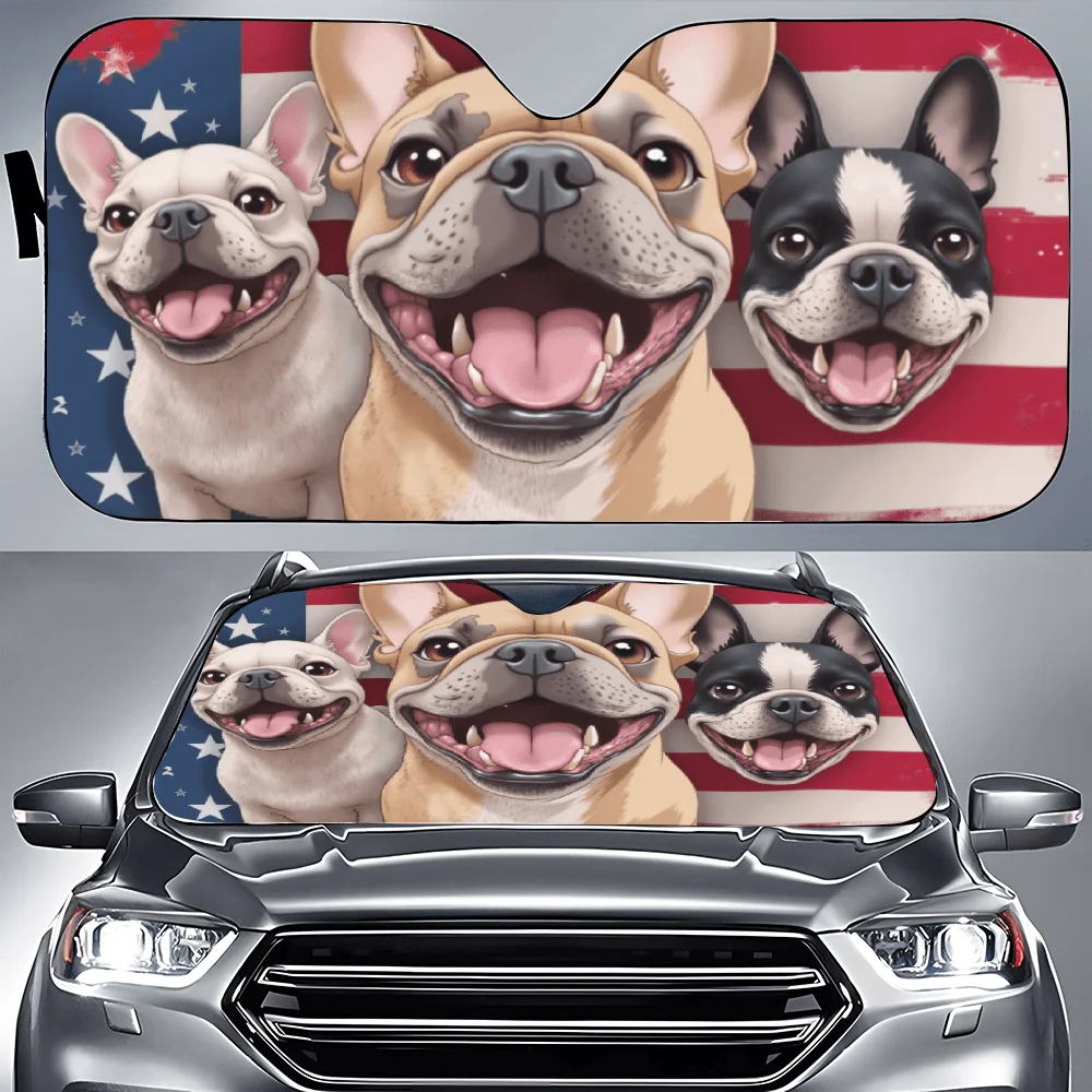 Three French Bulldogs In Front Of An American Flag Car Auto Sunshades | Front Window Sun Cover For Car, Durable Polyamide Visor,