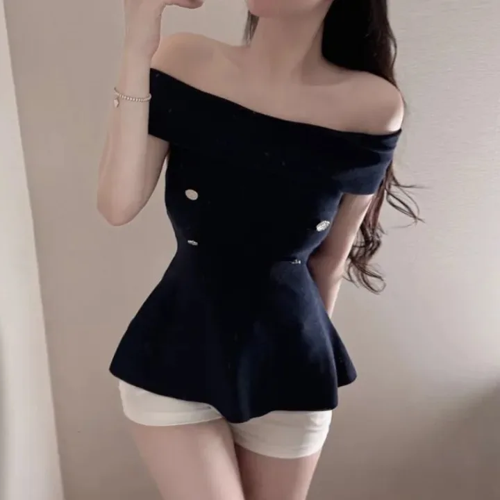 

Облегающий вязаный свитер женский летний корейский Sle Pure Desire на одно плечо ort Sve Midi Dr пояс футболка топ