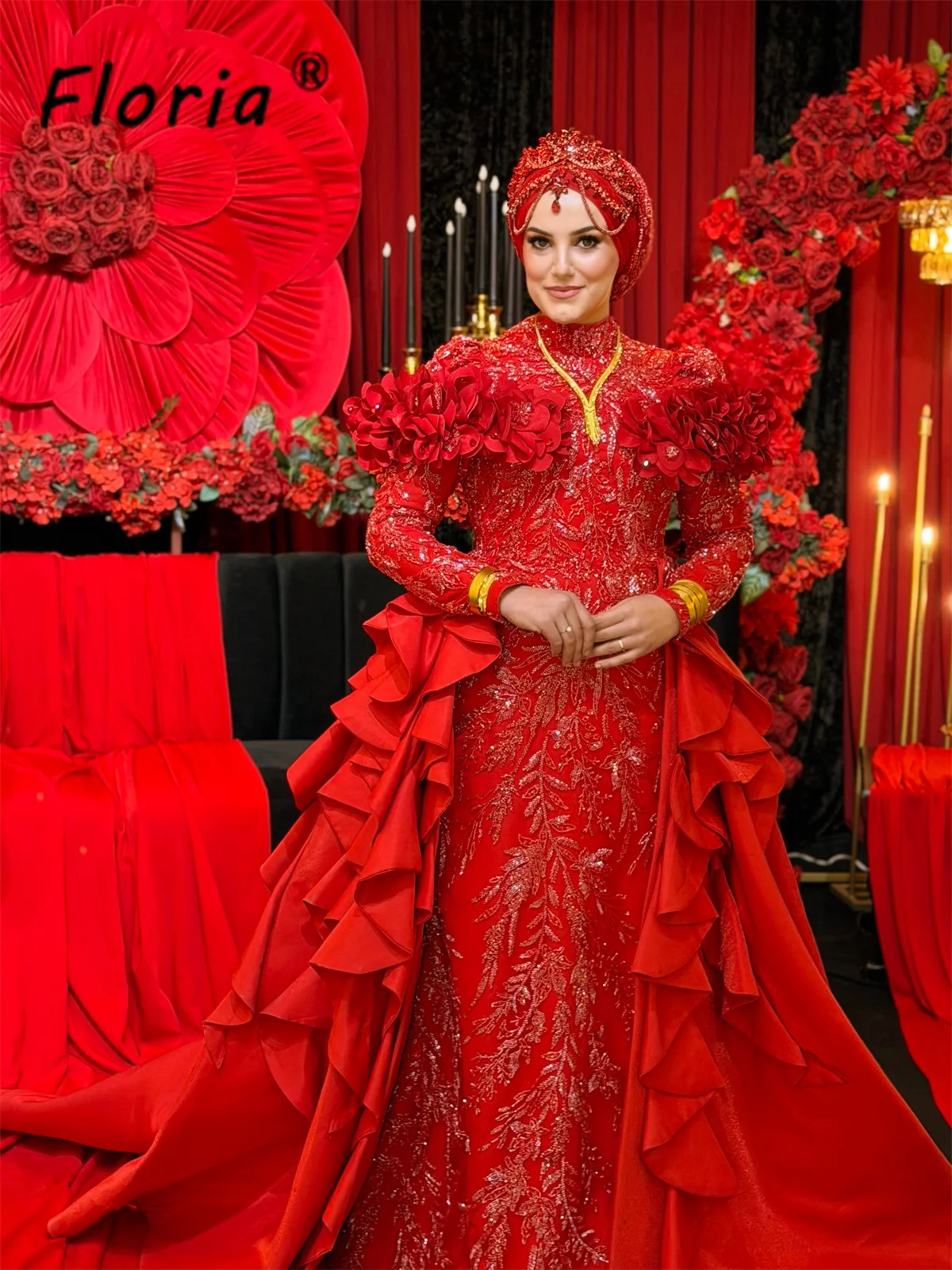 Dubai Red Wedding Dress with Detachable Ruffled Train Crystals Beads Mermaid Bridal Gown Formal Party Customized Vestidos noche