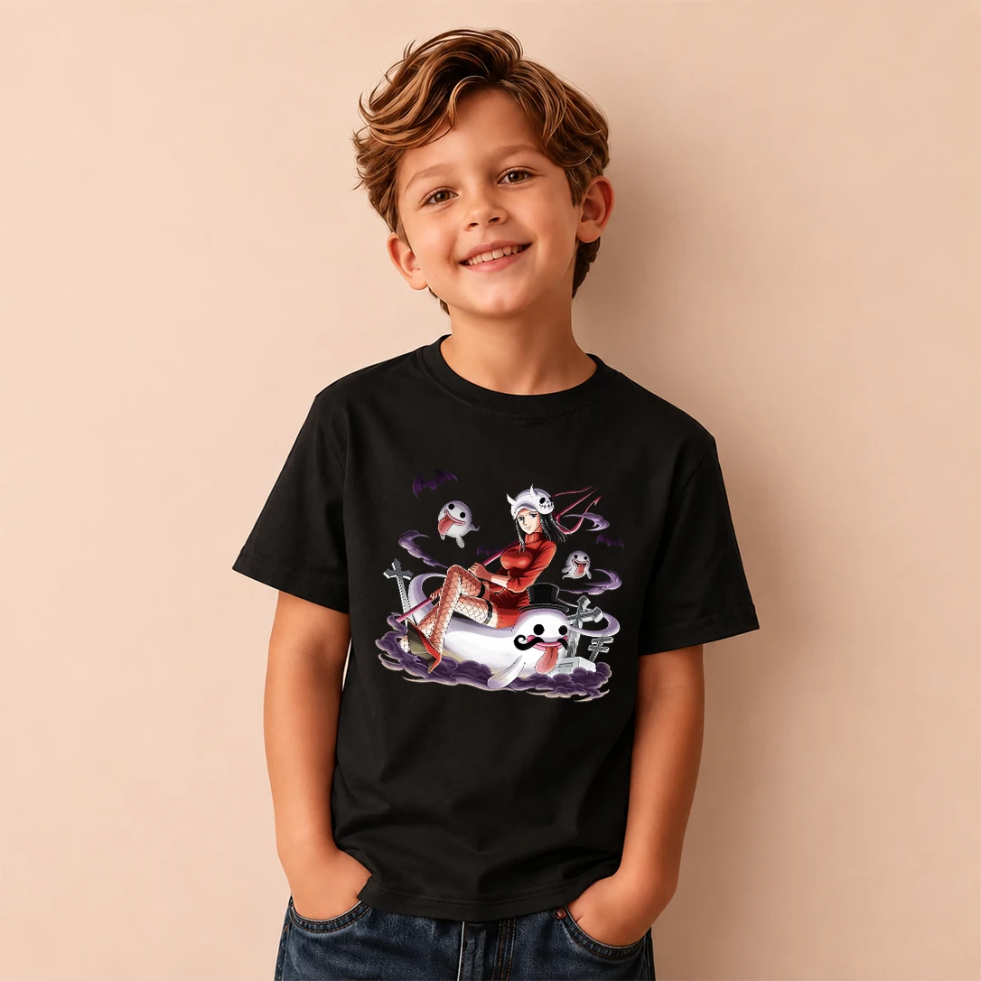 Kids T‑Shirt One Piece Nico Robin Halloween Ghost Print Short Sleeve Casual Tops Boys Girls Anime Children Daily Wear Tees